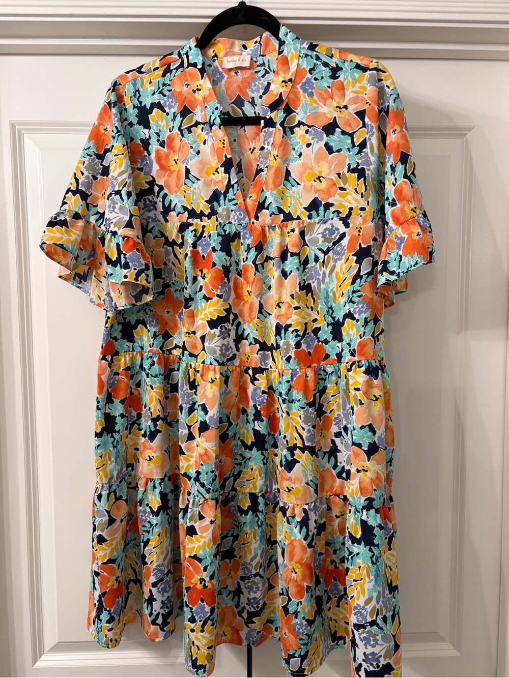 Floral Tiered V-Neck Women's Dress in Orange & Aqua